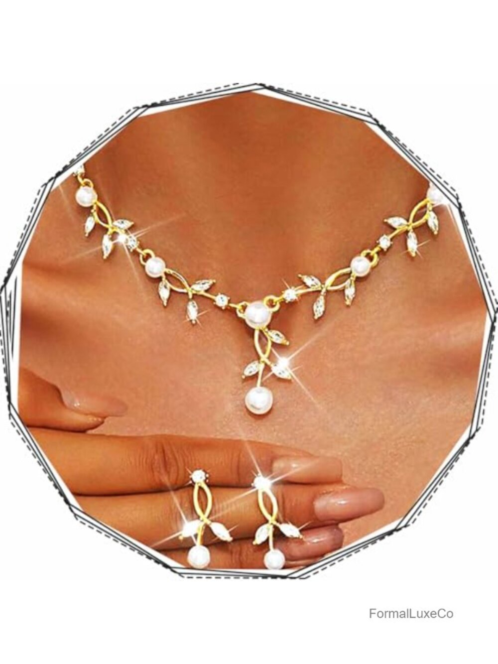 Wedding Jewelry Set Gold Leaf Rhinestone Necklace Pearl Costume Jewelry for